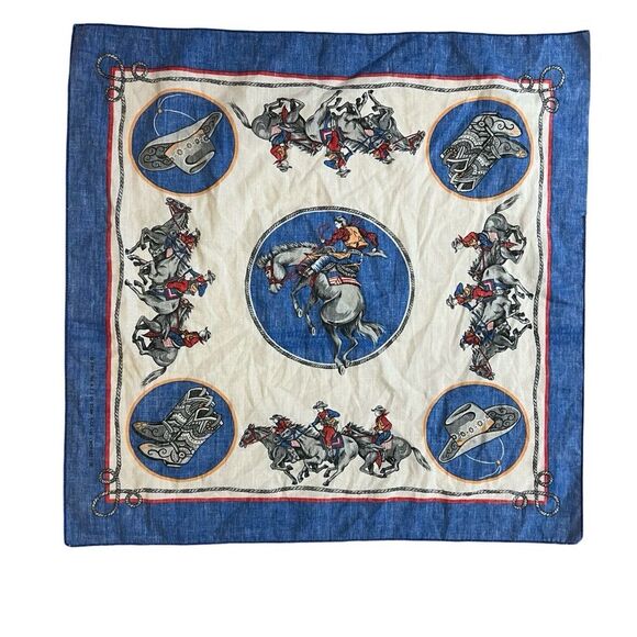 Vintage Rodeo Bandana Blue Western Saddle Bronco Pocket Square - Picture 2 of 3